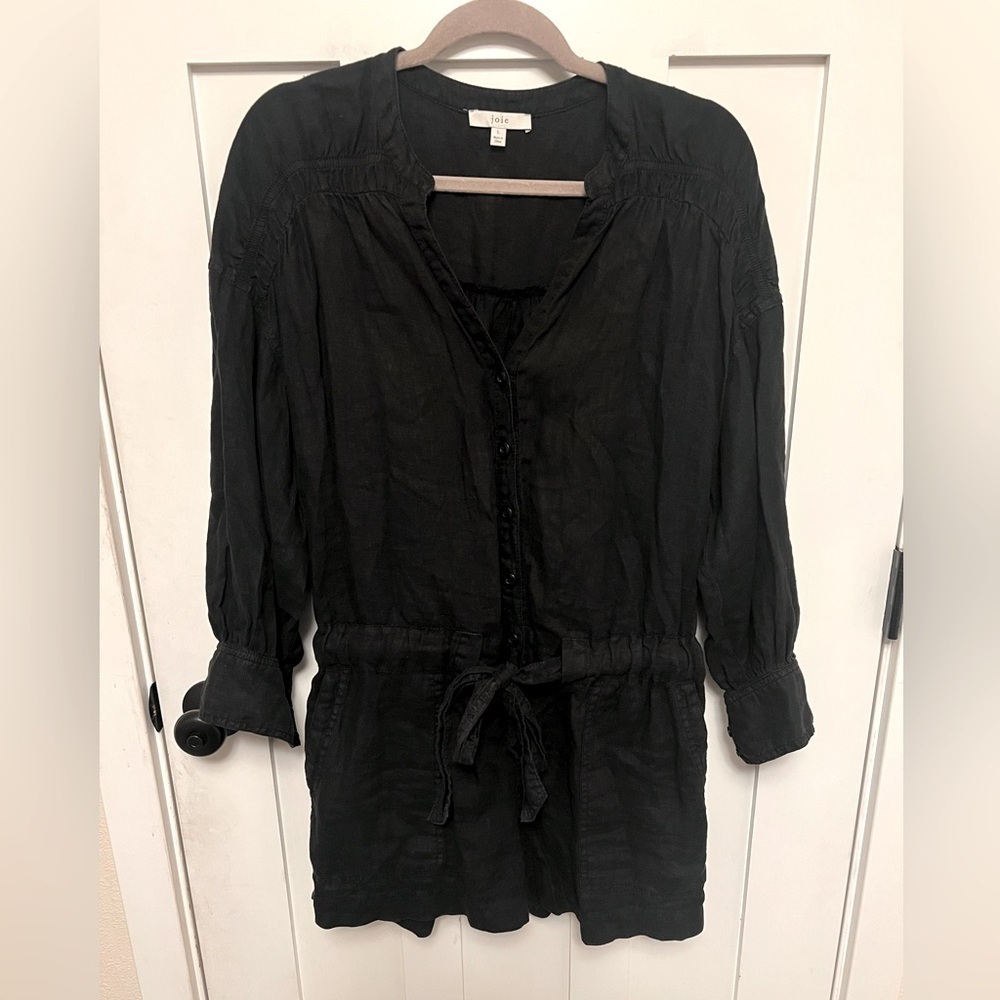 JOIE Bosworth Black 100% Linen Romper Long Sleeve Size Large L - Picture 2 of 7